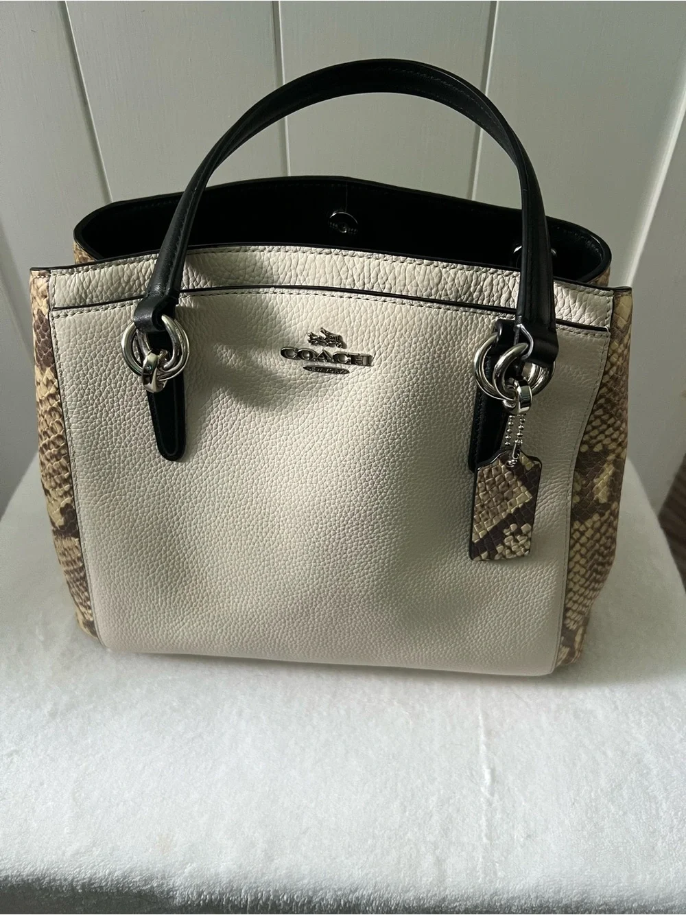 Coach Cream Pebble Leather Satchel with Black Handles and Snake-Print Trim